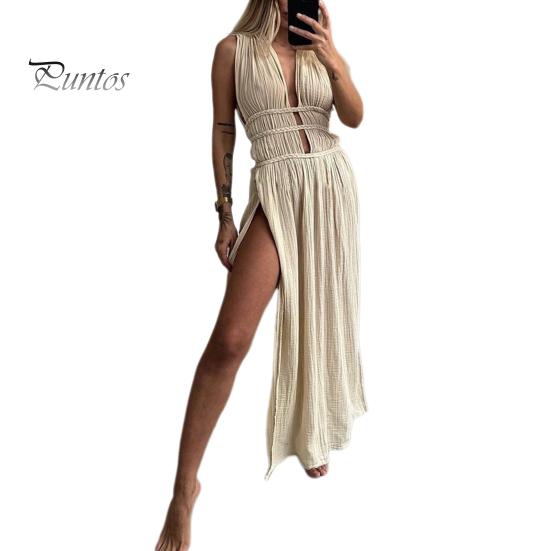 

Летнее длинное платье с глубоким V-образным вырезом, без рукавов, на шнуровке, с поясом на талии, ажурное в богемном стиле, плиссированное, с разрезом, пляжное платье макси для отпуска бежевый