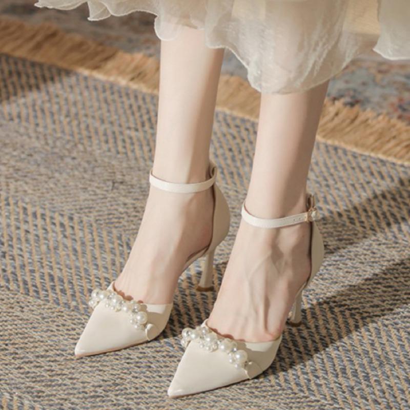 Fashion Women's Fashion Thin Heel Shoes Spring New Pointed Head Shallow Mouth Bead Hollow Anti-slip Wear-resistant High Heels