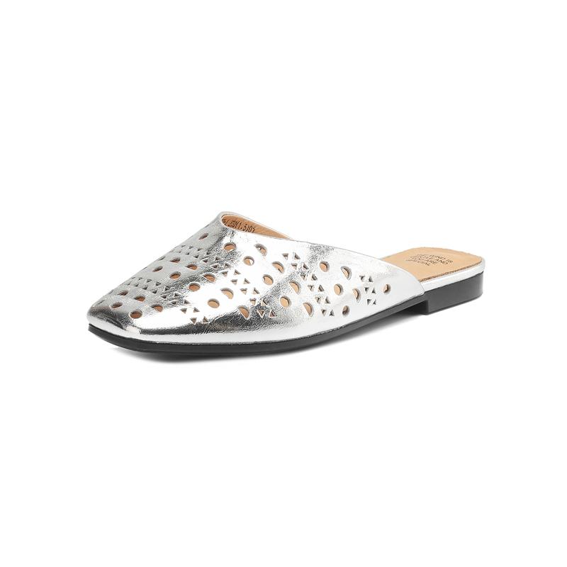 Fashion New women's genuine leather cowhide hollow breathable square toe low heel toe Mueller slippers with holes in summer