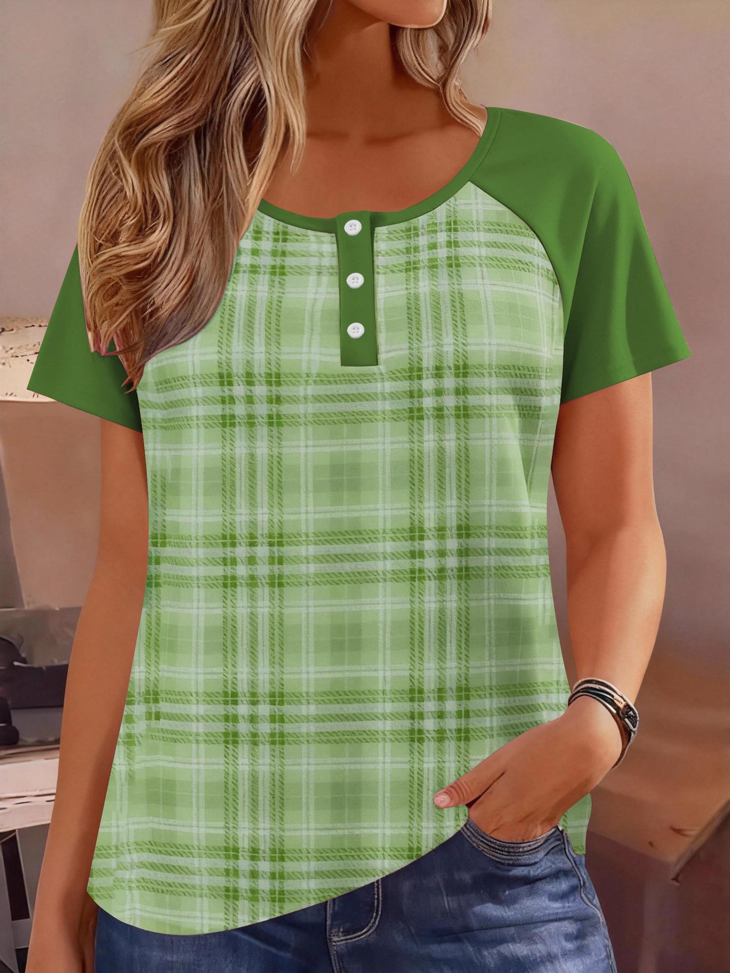 

2026 European Plaid Stripe Print Button Round Neck Plus Size Women s Short Sleeve Top 4XL