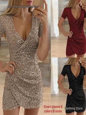 Robe d'automne bodycon à paillettes et col en V style européen et américain - Robe à manches courtes pour femme