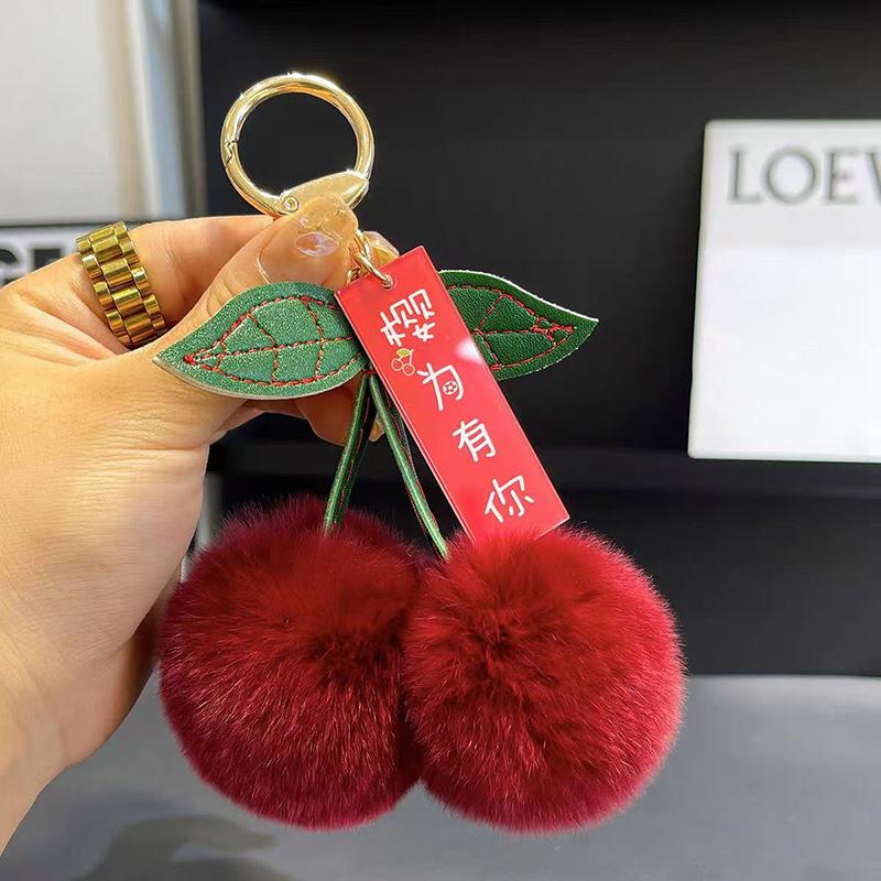 Fluffy Faux Rabbit Fur Cherry Keychain Cute Plush Pom Pom Key Ring For Backpack Purse Kawaii Soft Fruit Hangings For Women