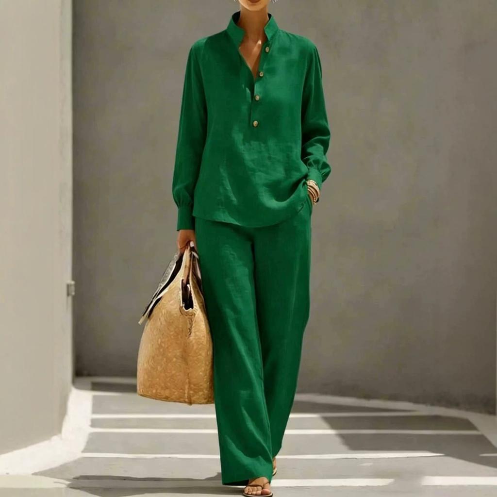 Women's Casual Long Sleeve Shirt and Wide Leg Pants Set Button Front Relaxed Fit Two Piece Outfit for Everyday Wear