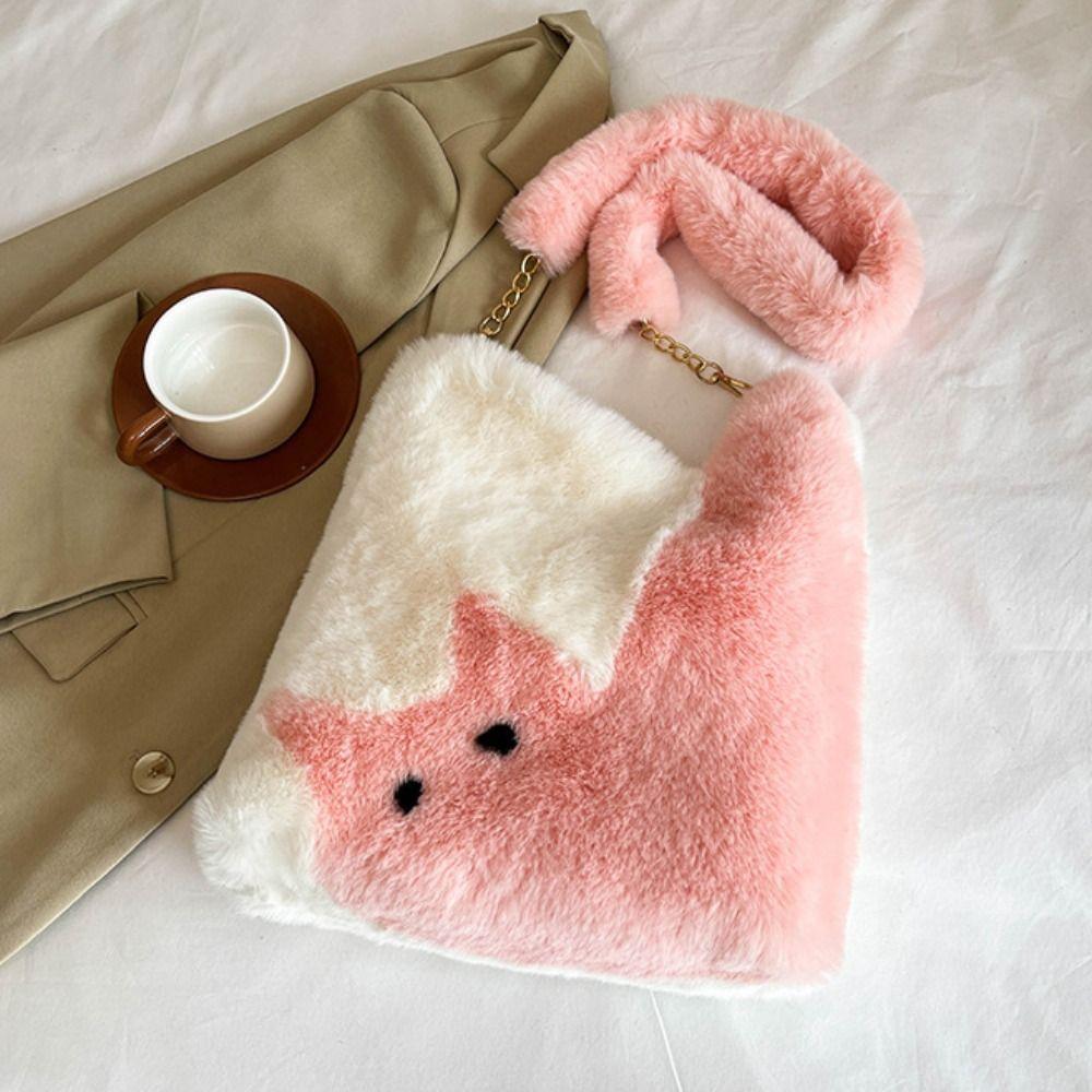 Korean Style Cat Plush Crossbody Bag Square Winter Fluffy Tote Bag Faux Fur Shoulder Bag  Women зелёный