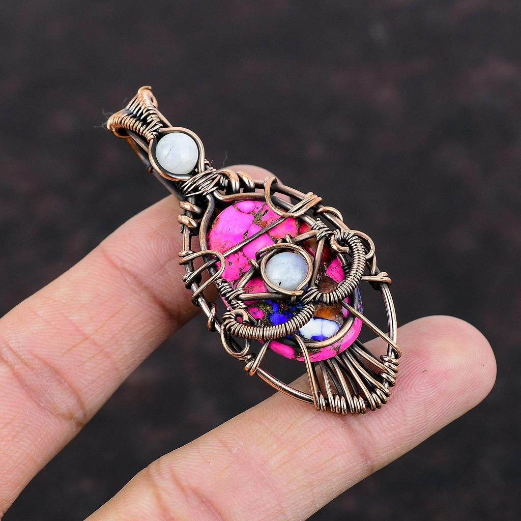 Természetes Kingman Rózsaszín Dália Türkiz Medál Rézhuzallal Tekert Medál Gonosz Szem Medál Kézzel Készített Drágakő Medál Holdkő Huzal Ékszer