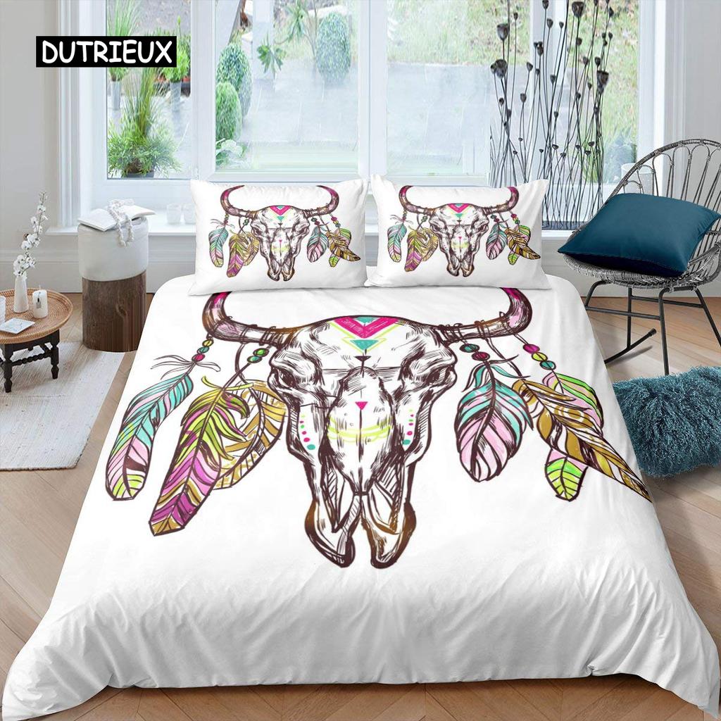 Stierschädel Bettbezug Set Boho Chic Feder Bettwäsche Set Böhmisch Exotische Zweige Blume für Teenager Mikrofaser King Steppdeckenbezug