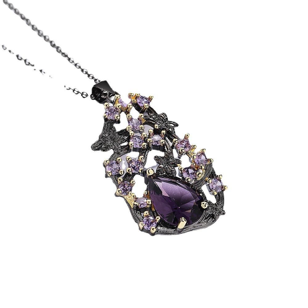 Flower Sweater Chain Personality Pendant Two-Tone Jewelry Women'S Necklace Black Gold Jewelry Purple Gemstones Elegant Purple