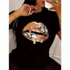 T-shirt d'été décontracté à manches courtes à imprimé lèvres pour femme, version combinée, col rond