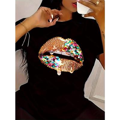 Lips Print Fashionable Casual Short Sleeved Summer Outfit Combined Version Round Neck Women's T-shirt