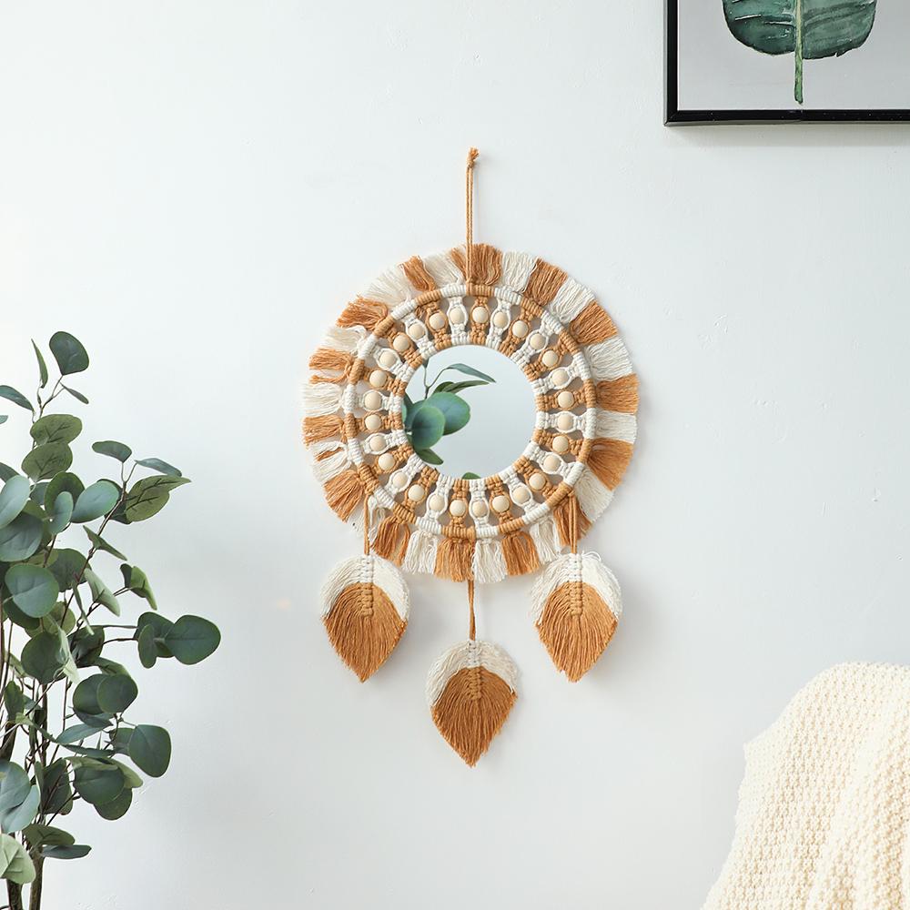 Macrame Fringe Decorative Mirror Round Wall Mirrors Ornament for Decoration Home Bedroom Apartment Living Room Christmas Gift