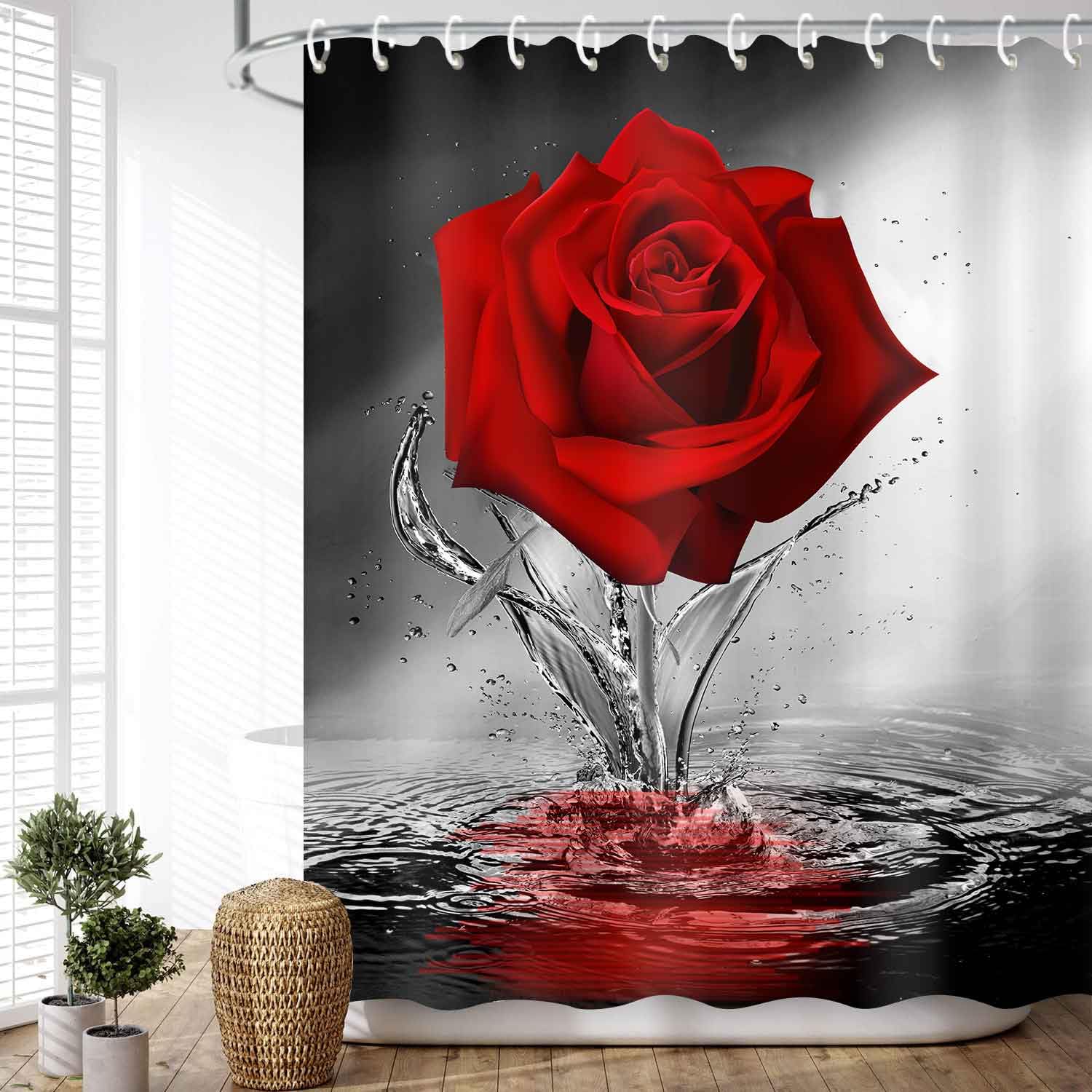 

Red Rose Shower Curtain Botanical Floral Romantic Flower Valentine Girls Bathroom Curtain Decor Waterproof Fabric Include Hooks W60H190(CM)-1 Pcs