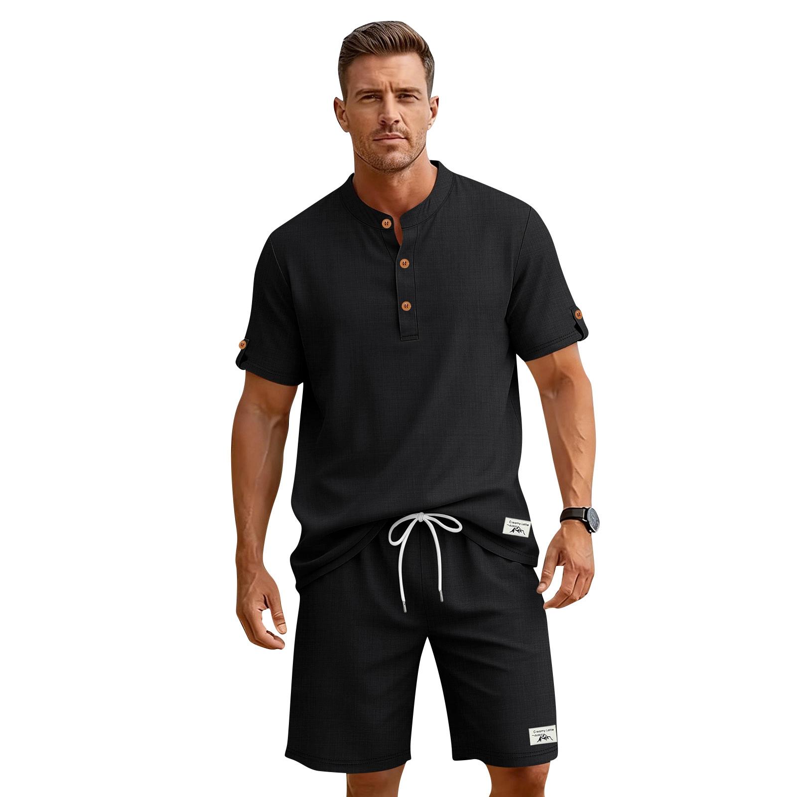 

Men Henley Neck Short Sleeve Shirt and Shorts Set Casual Two Piece Outfit with Button Design and Elastic Waistband L чёрный