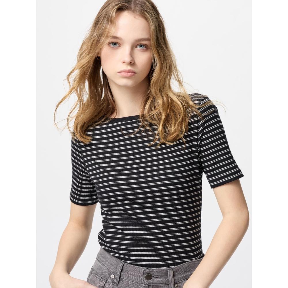 Uniqlo Japan Ribbed BoaT Neck T 5 minuTe Sleeve Border