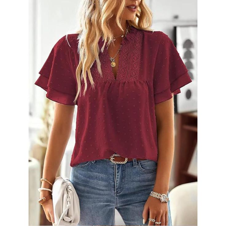 Elegant Resort-Style Deep V Lace Short-Sleeve Women's Blouse 2026 Spring/Summer