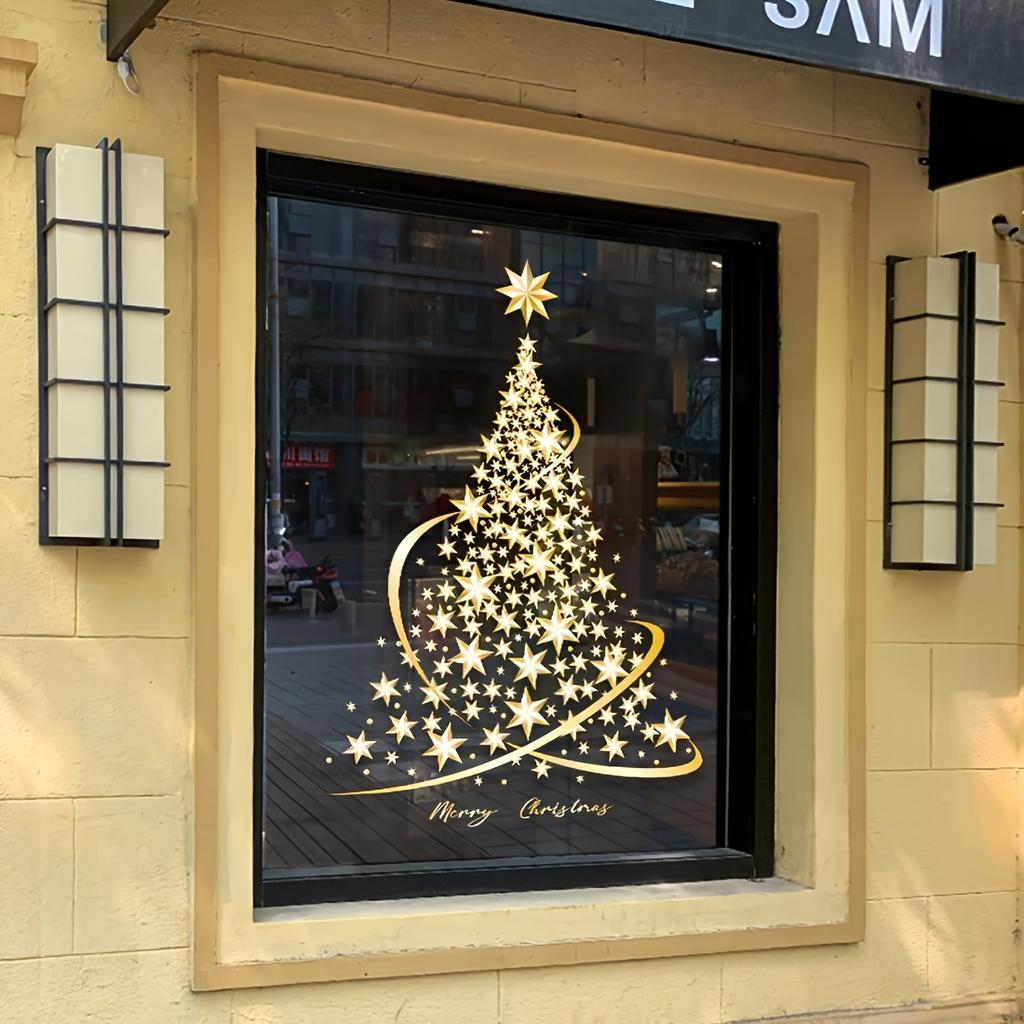 Goldener Weihnachtsbaum Fensteraufkleber - Wiederverwendbare statische Haftfolie für Glas, Wände & Türen