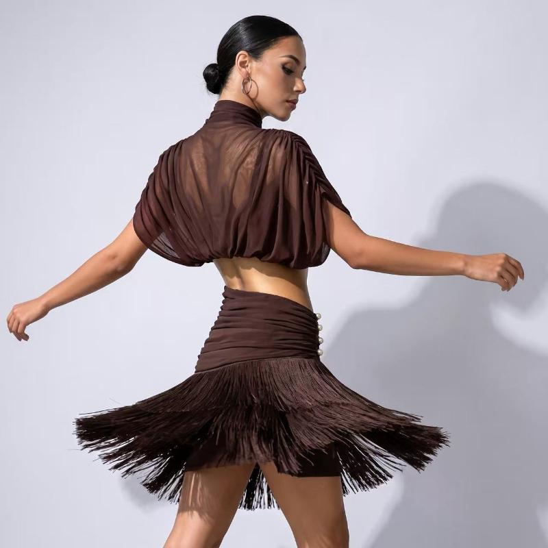 Abito Latino da Ballo per Adulti da Donna Set con Top in Rete e Seta Gonne con Frange Sasha Professionale Costumi per Pratica Esibizione Cha-Cha Samba