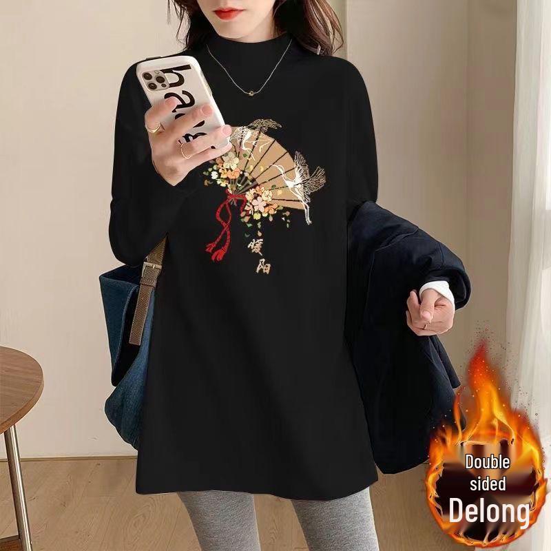 

Топ женский в корейском стиле большого размера с длинным рукавом и высоким воротом, на флисовой подкладке 3XL [145-160 lbs]