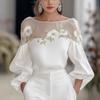 Damen Off-Shoulder Bluse mit floralem Netzpanel und Laternenärmeln, Elegantes lässiges weißes Oberteil