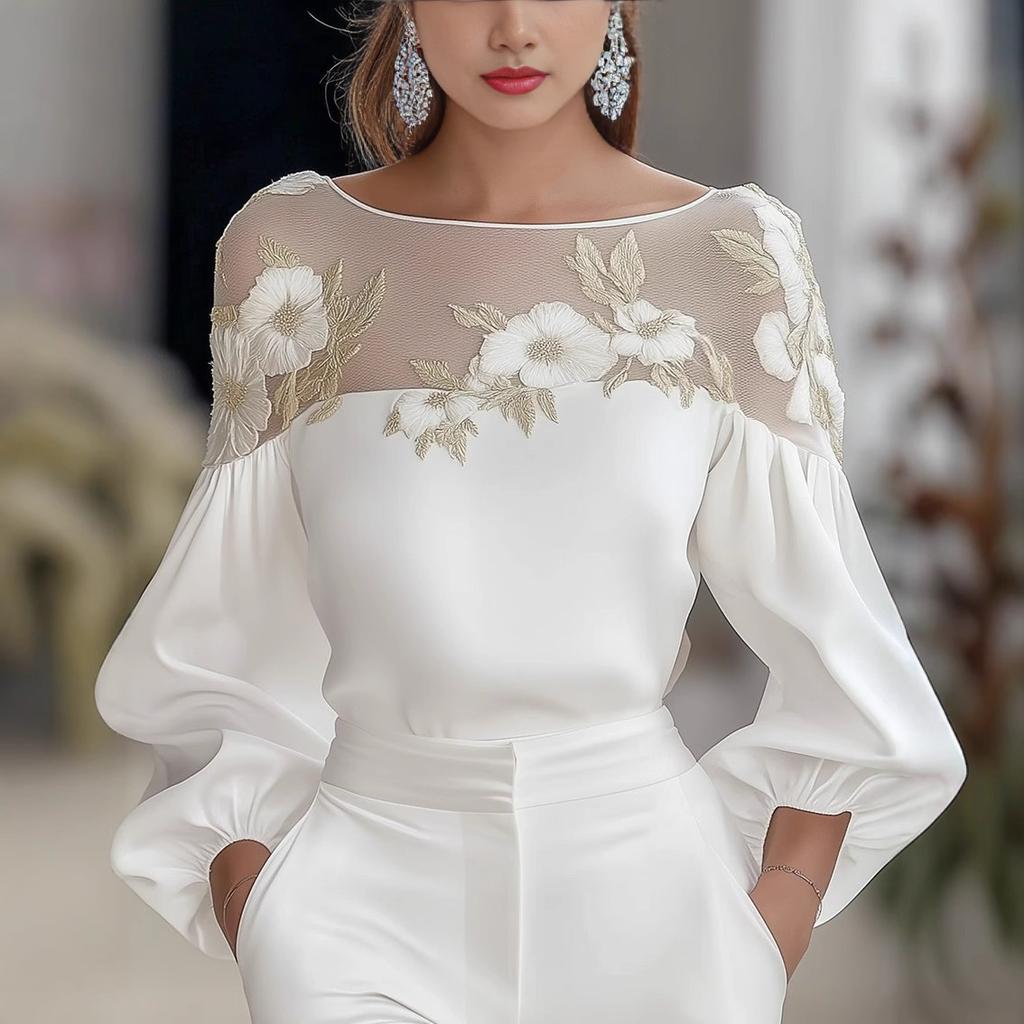 Women Off Shoulder Floral Mesh Panel Blouse Lantern Sleeve Elegant Casual White Top