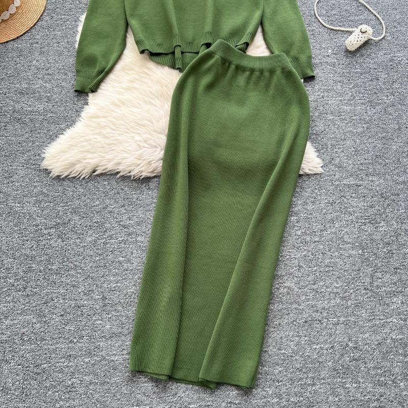 Tvådelat set Damkläder Mild Stil Lättslappig Lös passform Pullover O-hals Långärmad Stickad Tröja Midi Bodycon Kjolar