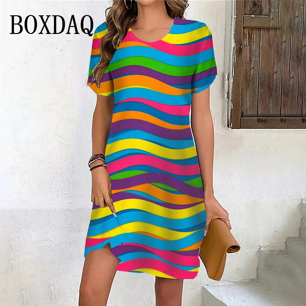 New Summer Fashion Gradient Rainbow Stripe Short Sleeve Dresses For Women Casual O-Neck Print Loose Party Clothes