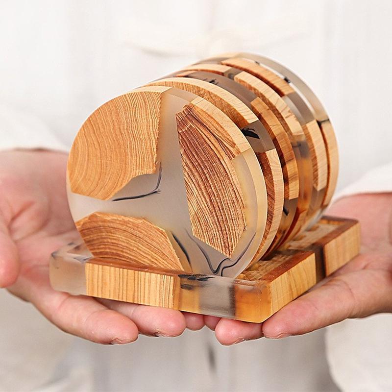 6Pcs Heat Insulation Wooden Resin Cup Pads with Base Traditional Chinese Ink Painting Tea Coaster Set KongFu Tea Accessories