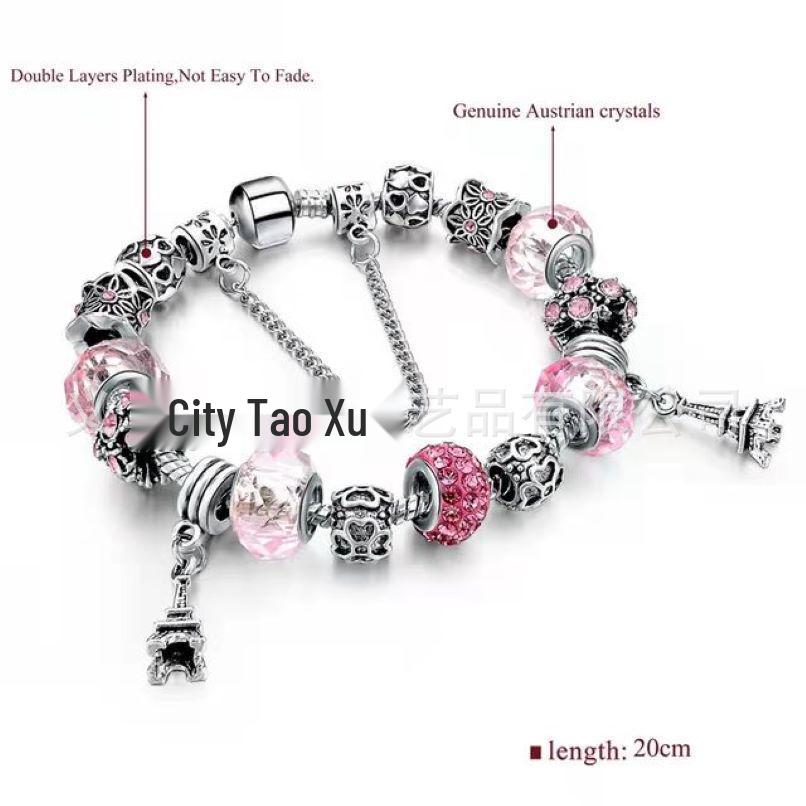 DIY Pink Crystal Bead Pendant with Inlaid Diamond for Bracelets - Christmas Gift