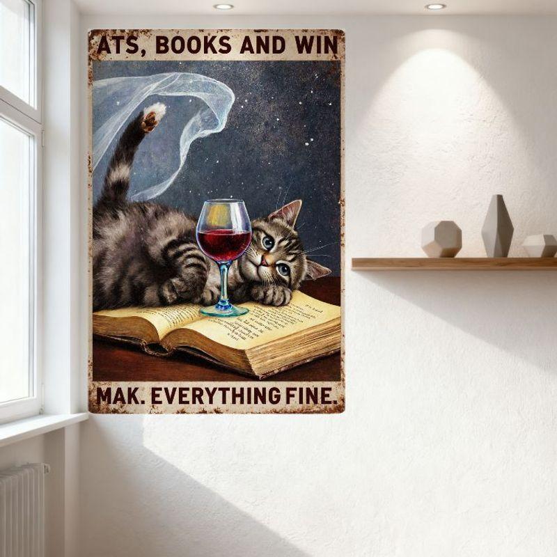 Vintage Cats Books & Win Metal Sign, Gray Tabby Cat on Aged Book with Wine Glass Tin Poster, Distressed Rusty Metal Wall Decor f