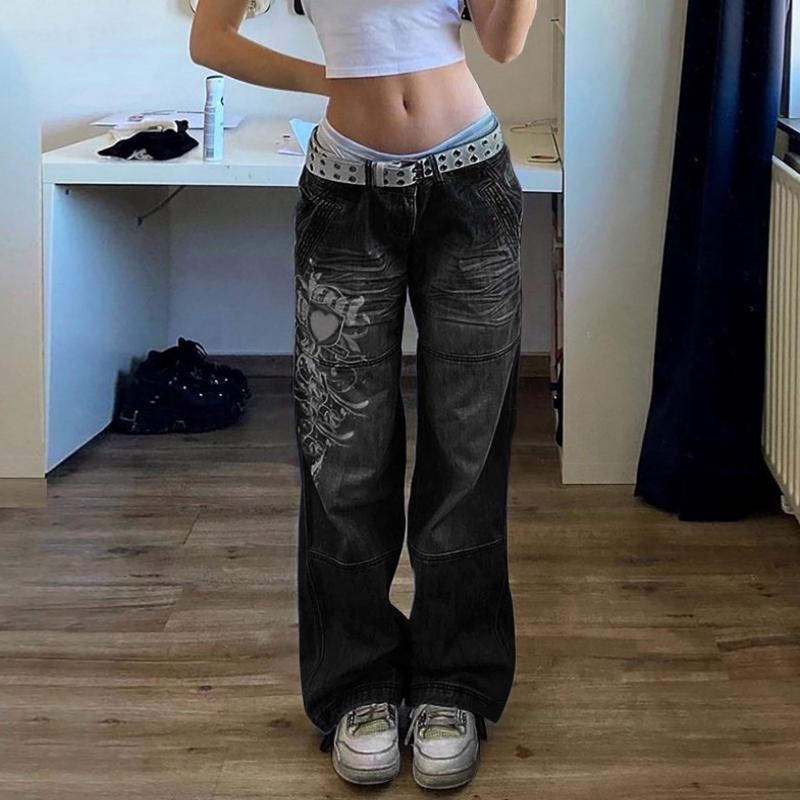 VIONA Street Style Damenbekleidung, Unregelmäßig Bedruckte Lockere Hosen, Niedrig geschnittene Plissierte Gewaschene Used-Look Mehrfarbige Jeans