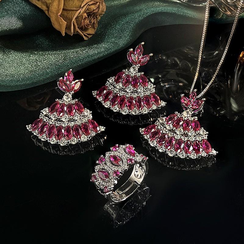 Bohemian Jewelry Set Earrings Necklace Rings Red Corundum Zircon Tassel Women