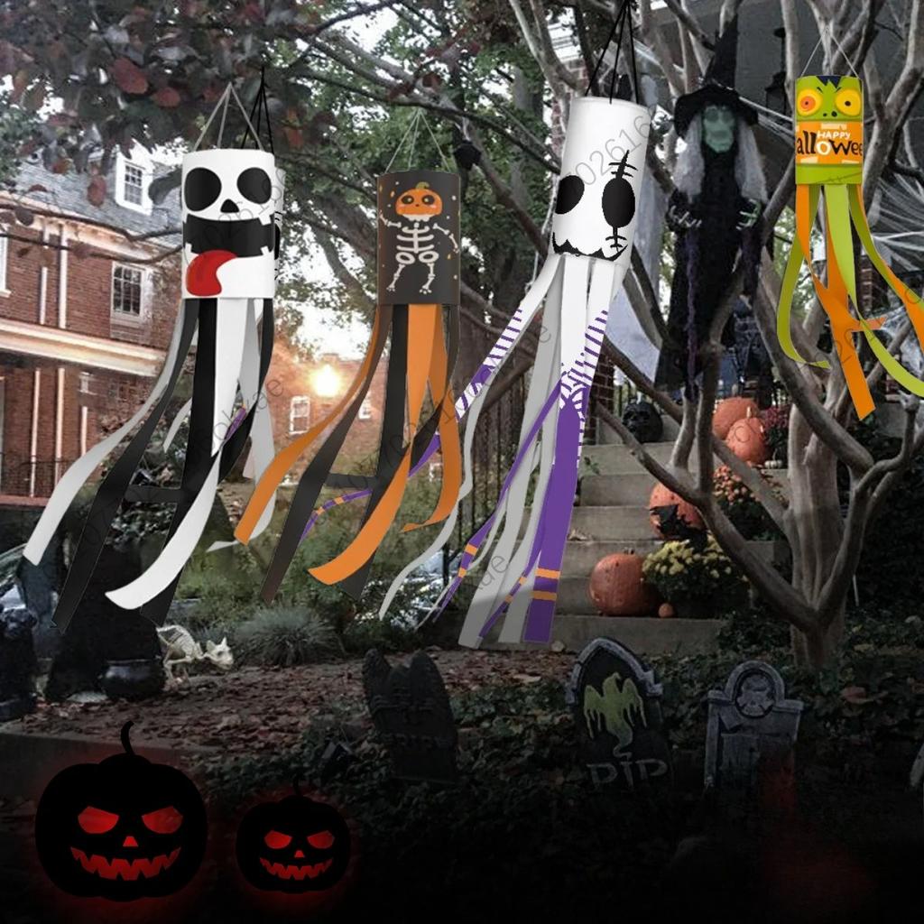 1-20PCS Halloween Ghost Windsock Flag Hanging Decor for Yard Haunted House Party Spooky Wind Sock Festival Outdoor Ornament