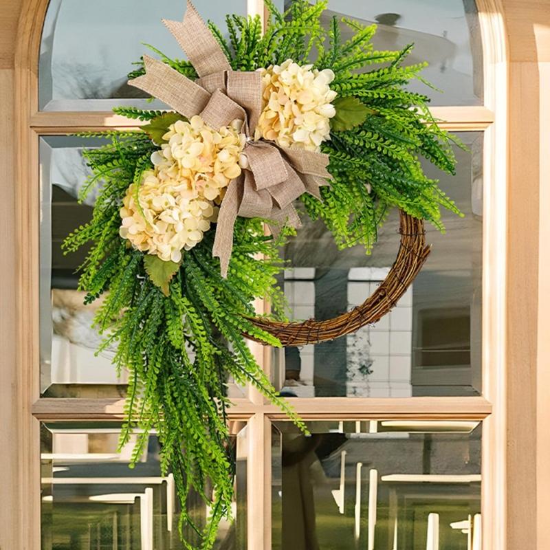 Rustics Floral Wreath Wall Hanging Rattan Frame With Artificial Hydrangea Blooms Ornament For Indoor Decoration