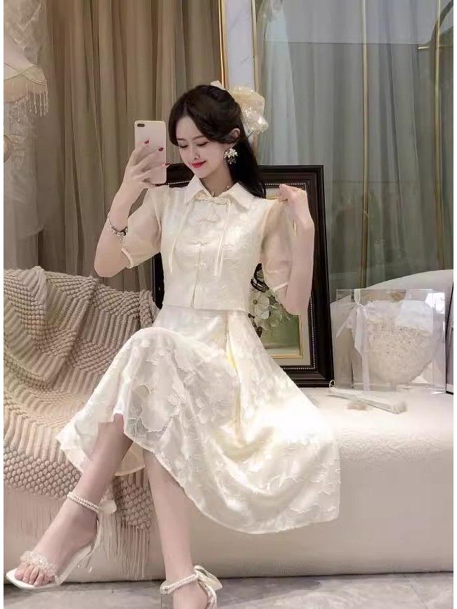 Elegant Summer 2024 Women's Two-Piece: Chinese Style Cheongsam Skirt & Camisole Dress with Frog Button Top