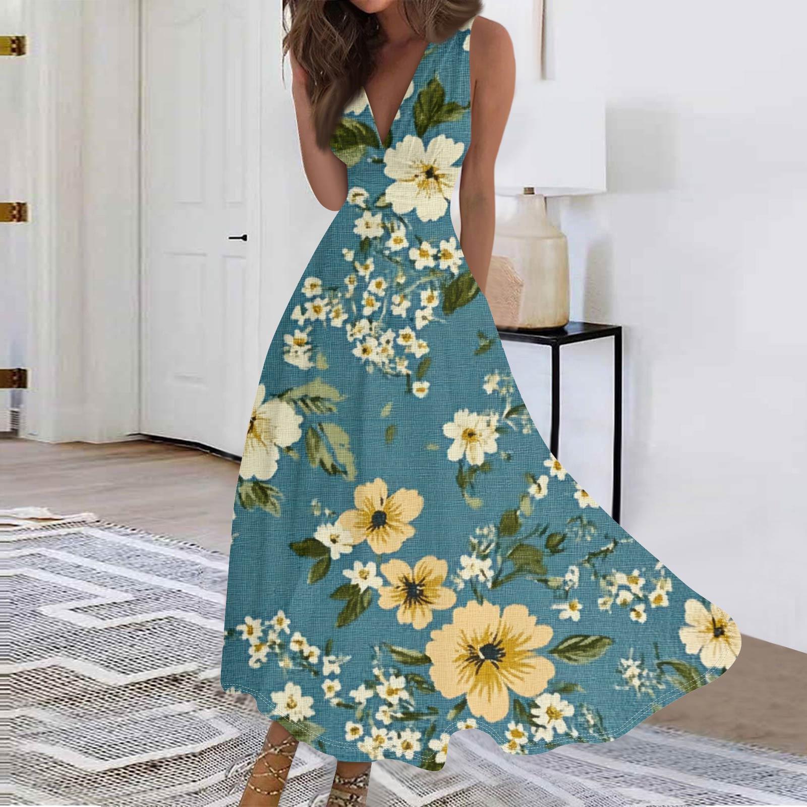 

Женские модные повседневные свободные платья с V-образным вырезом без рукавов с принтом XL жёлтый