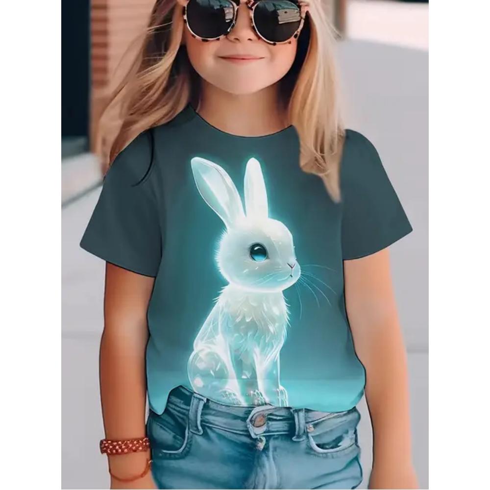 Children's and girls' clothing 3D printed, fashionable and cute animal round neck T-shirt, girls' summer fashion short sleeved top, girls' T-shirt