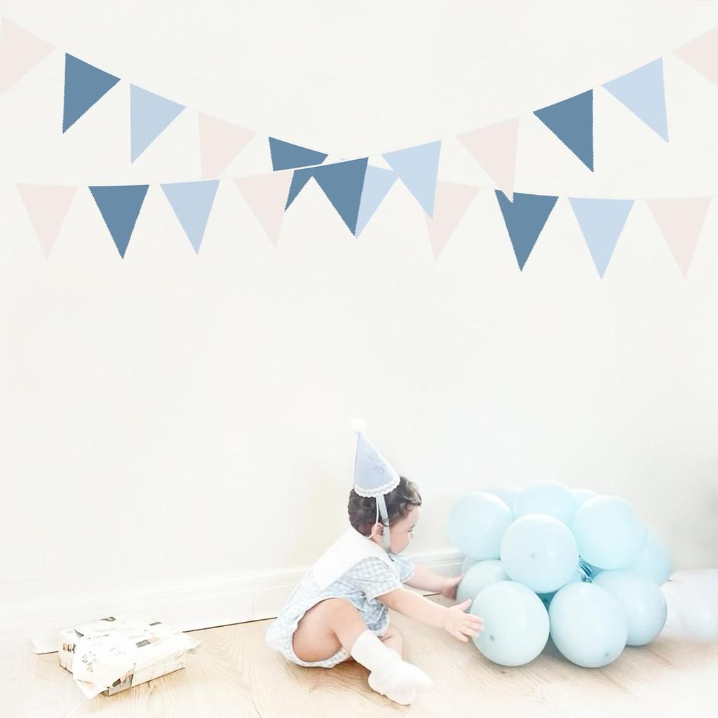 32Ft Blue Party Decorations Retro Blue Triangle Banner Flag Pennant Bunting Fabric Garland Streamers for Nautical Wedding Birthday Ahoy Achor Bridal