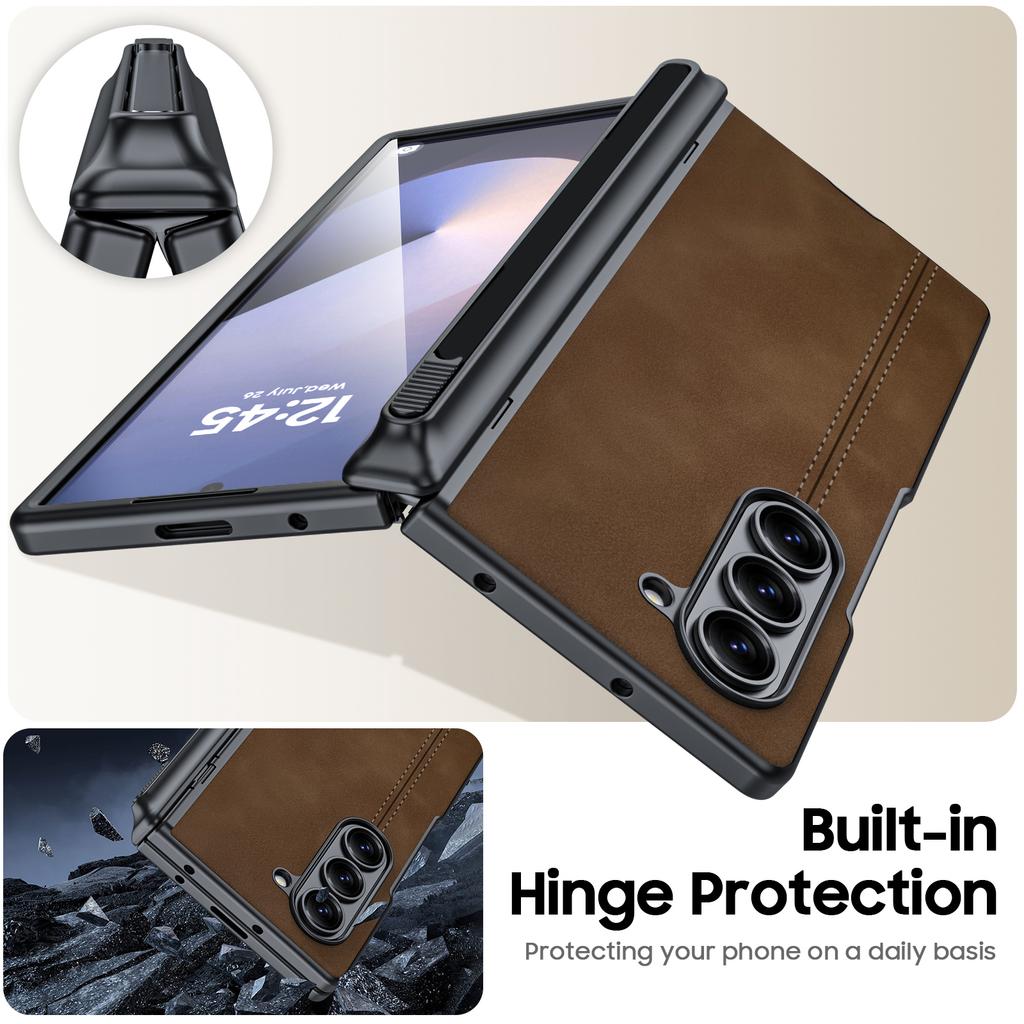 For Samsung Galaxy Z Fold 6 Phone Case With S Pen Holder, Hinge Protector and Screen Protector PU Leather Matte PC-Brown