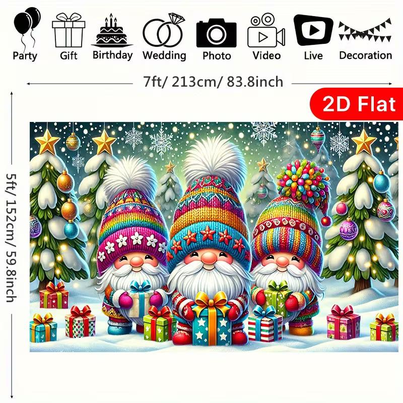 2D Flat Christmas Gnome Backdrop, Winter Snowy Forest Background Cloth for Holiday Party Decoration