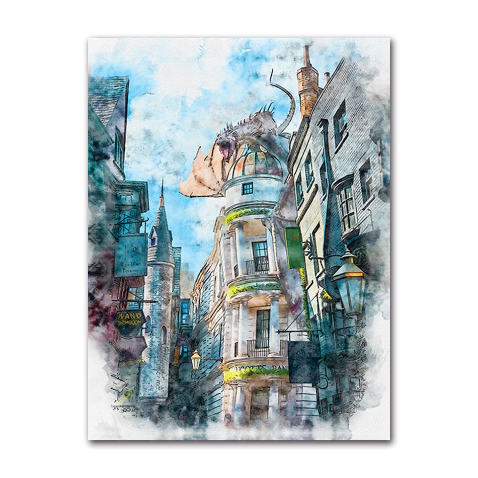 Magic Wand Wizard Shop Watercolor Posters Large Hall Painting Canvas Wizarding Weasley Wall Pictures Children Bedroom