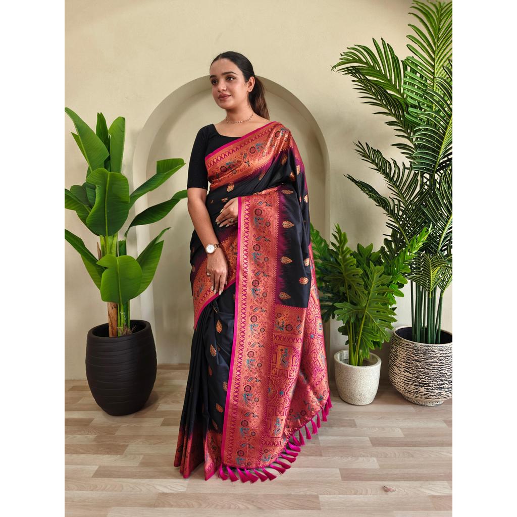Paithani Silk Sarees  with Unique Peacock Motifs and Meenakari Work Having Contrast Pallu and Designer Contrast Border. With Tassels.