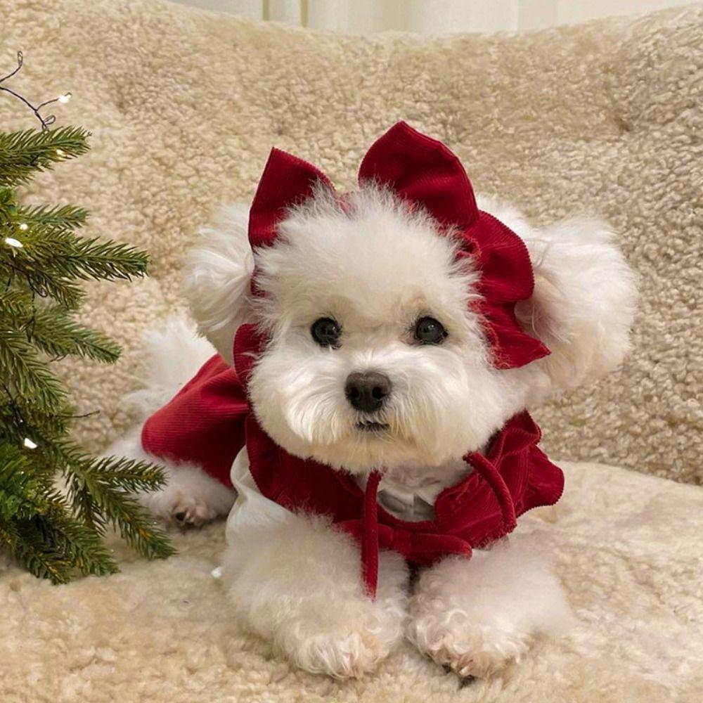 Pleated Bow Dog Skirt New Year Christmas Cat Princess Dress Pet Costume  Photograph Prop