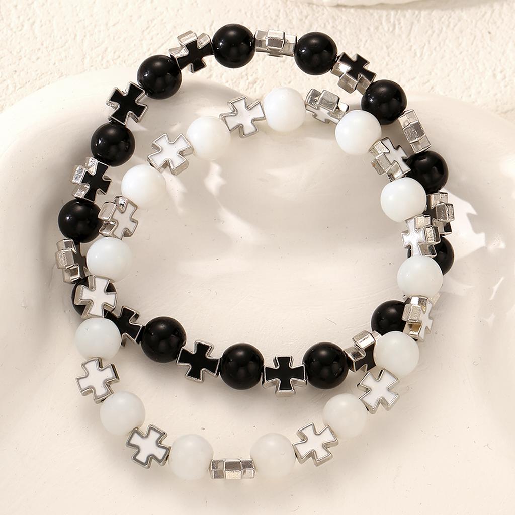 2Pcs Cross Beaded Bracelet Set For Men Women Fashion Black White Beaded Bracelet Trendy Punk Party Daily Wear Jewelry Gifts 2026