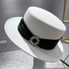 Fashion Temperament Light Luxury Flat Top Hat Women's Retro High-end Woolen Rhinestone Top Hat Jazz Hat