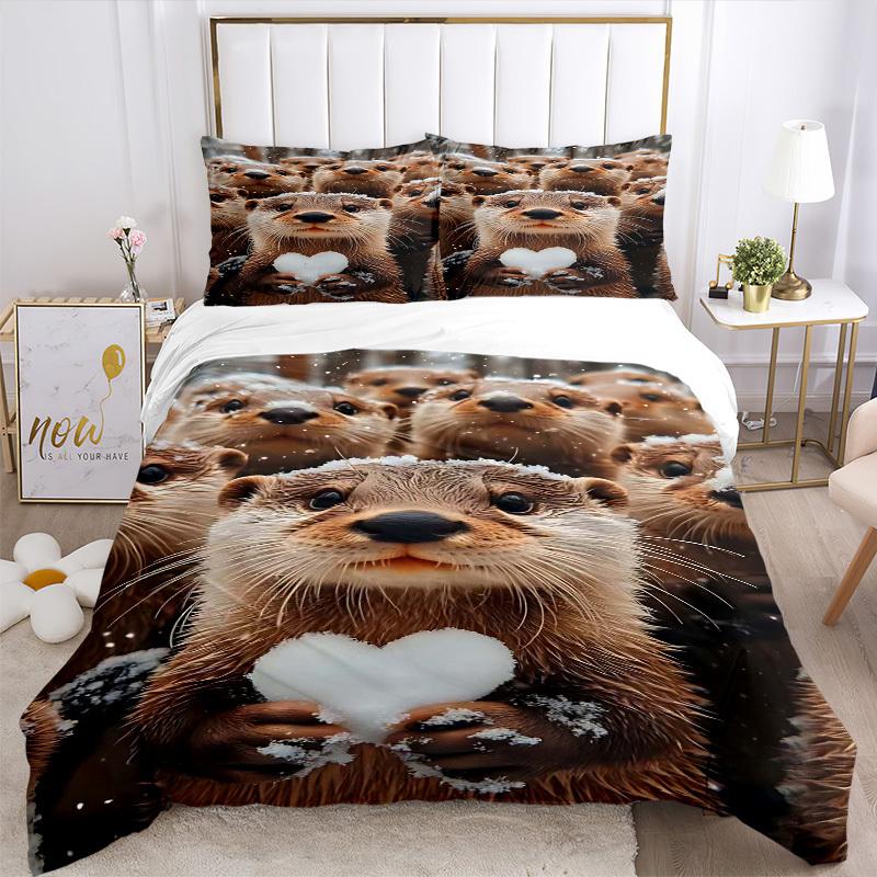 3-teiliges Anime-Otter-Herz-Schneeflocken-Bettwäscheset - Enthält eine Bettbezug und zwei Kissenbezüge (Kein Kern) - Polyesterstoff, Perfekt für Schlafzimmer