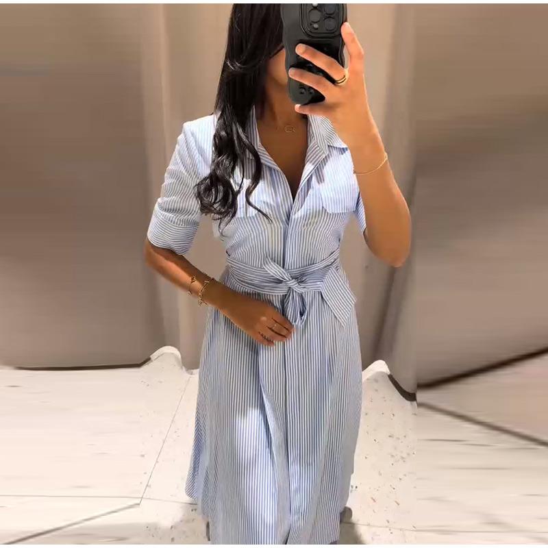 LYRIA Casual Striped Women Dress Lapel Single Breasted Short Sleeve Slim Waist Long Dresses New Lady Fashion Vacation Robe