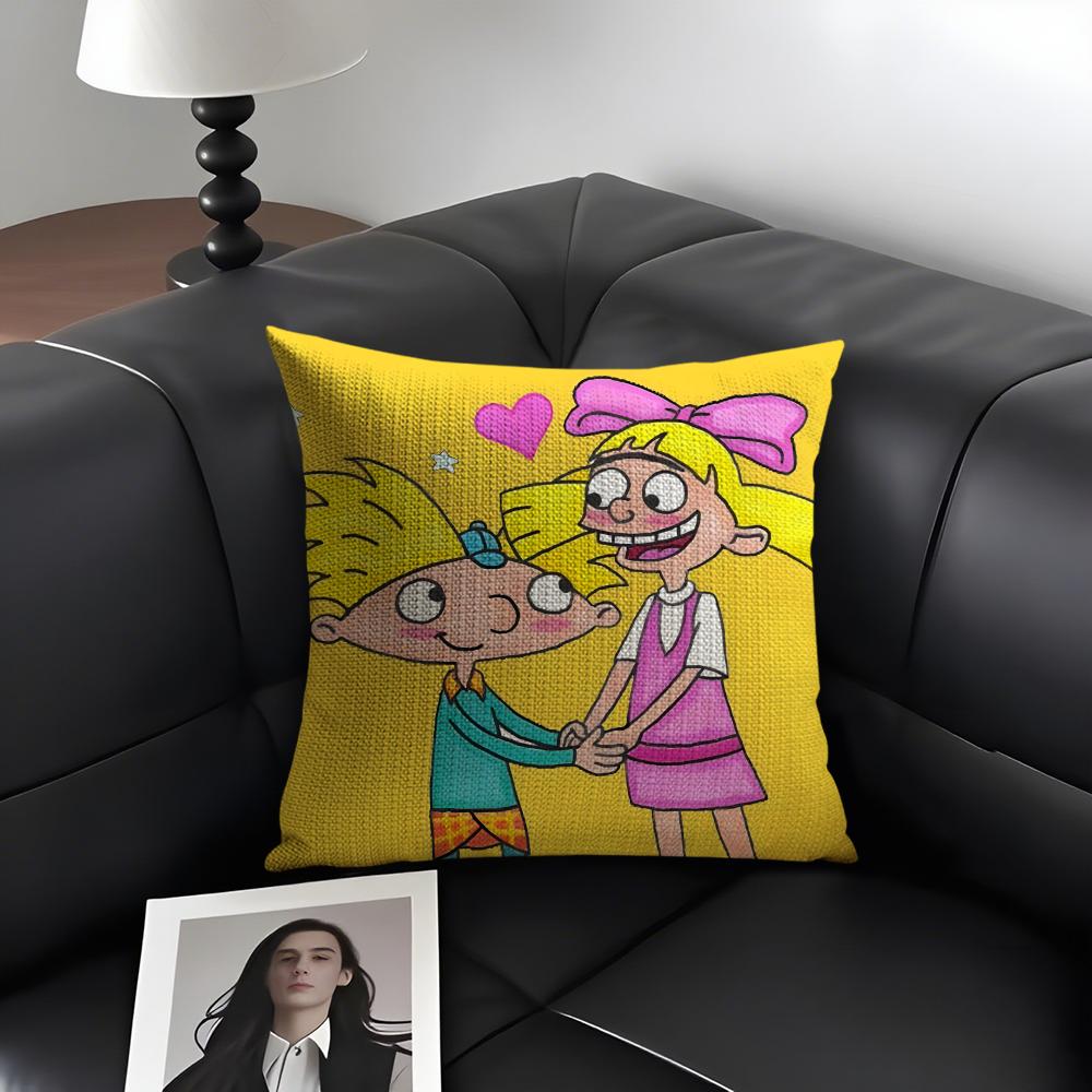 H-Hey Arnold Cartoon Cushion Cover Natural Linen Organic Fabric Double-Sided Printing Sofa Home Decor Gift Pillow Case