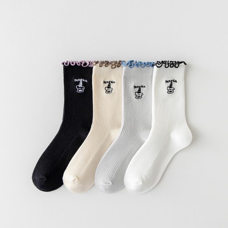 Cartoon-embroidered Socks for Women, Spring and Autumn, Thin and Versatile Mid-calf Socks, Sweet Black Ear-trimmed Pile Socks