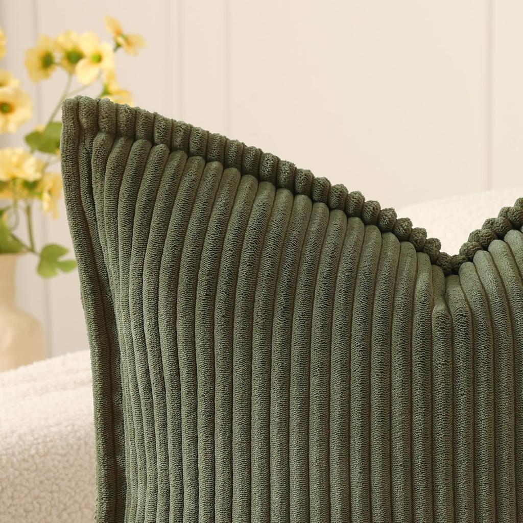 Green Corduroy Throw Pillow Covers 18x18 Inch Striped Decor Pillowcase for Living Room Bed Soft Couch Cushion Cover for Sofa