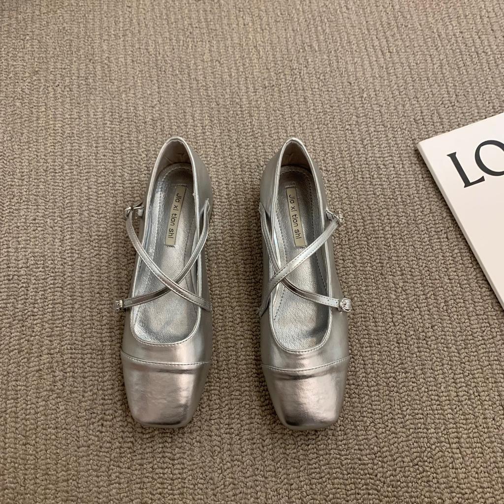 Coarse Heel Crossed Silver Mary Jane Square Head Single Shoes Women's Shoes 2025 New Spring Evening Gentle Flat Shoes