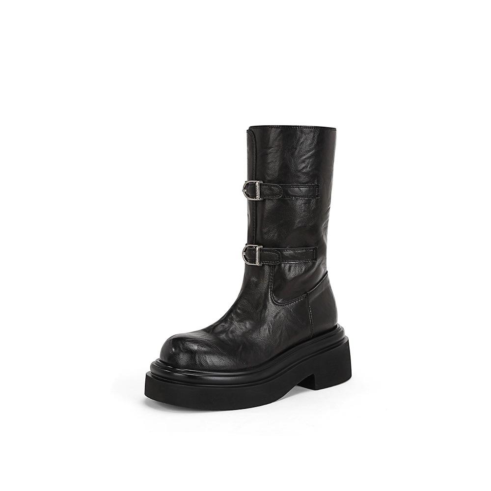 Wu Xuanyi same Su Yinyin thick-soled heightening locomotive belt buckle medium and high boots knight boots women's autumn and winter short boots